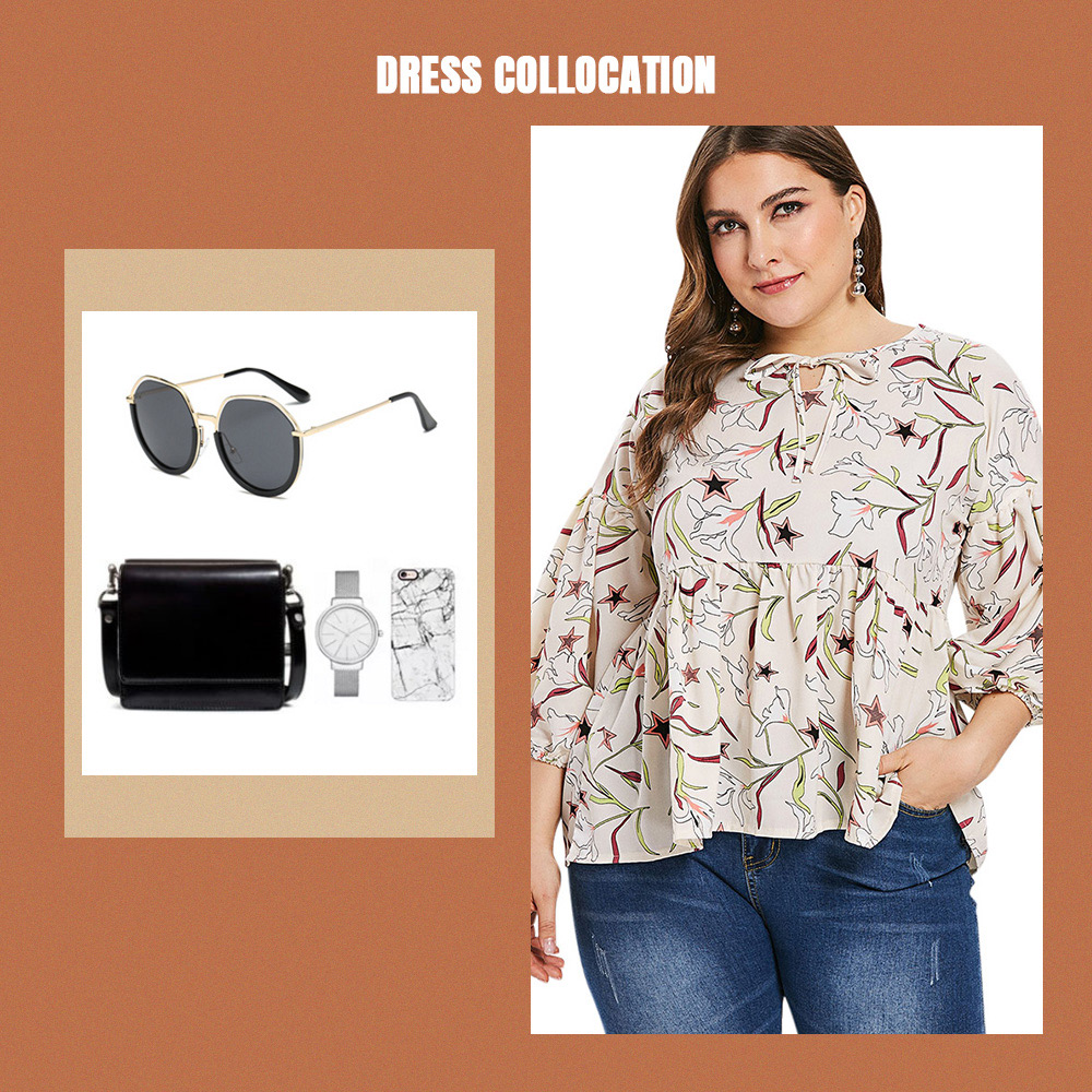 Plus Size Floral Lantern Sleeve Blouse