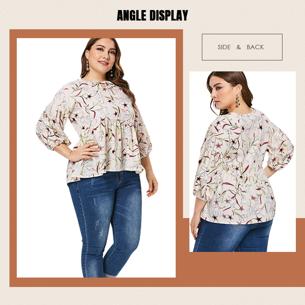 Plus Size Floral Lantern Sleeve Blouse