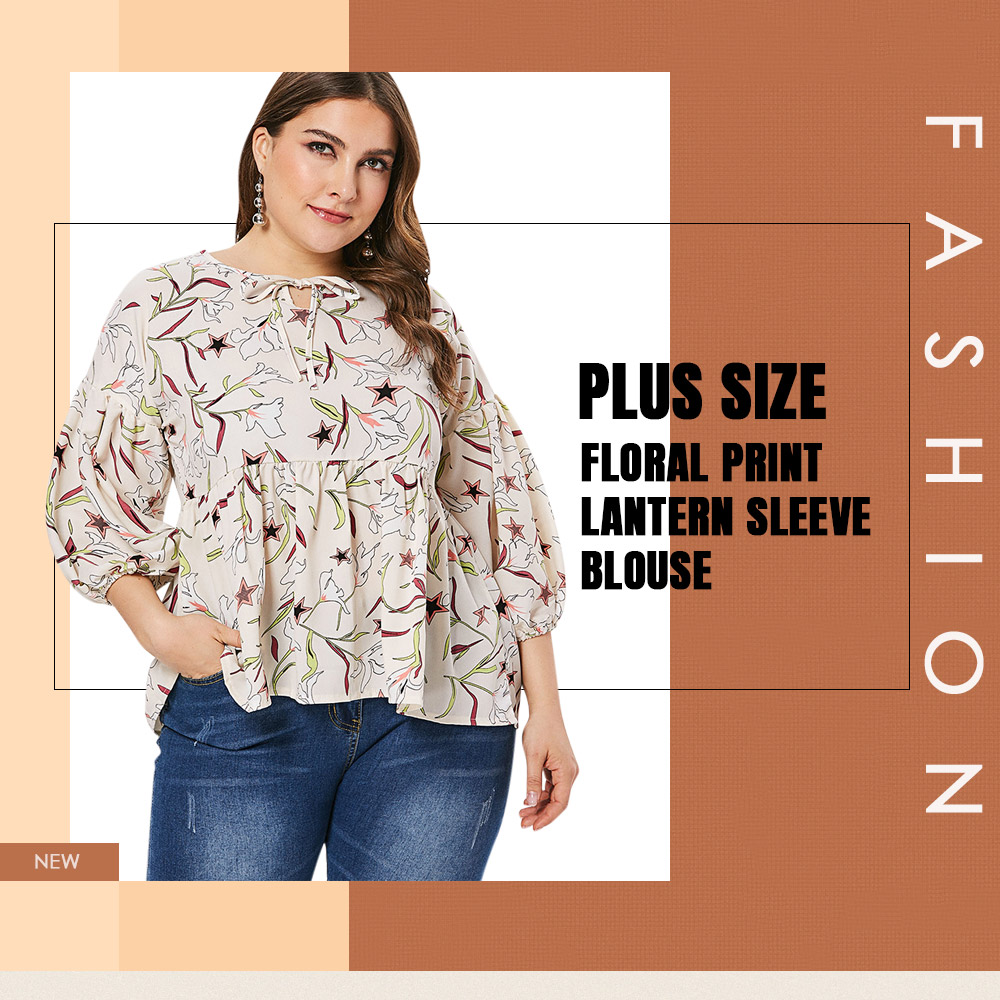 Plus Size Floral Lantern Sleeve Blouse