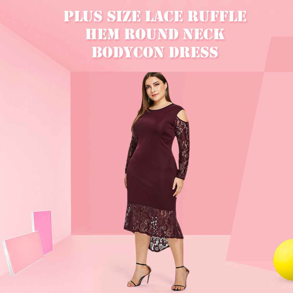 Plus Size Lace Ruffle Hem Round Neck Bodycon Dress