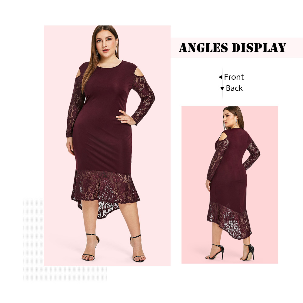 Plus Size Lace Ruffle Hem Round Neck Bodycon Dress