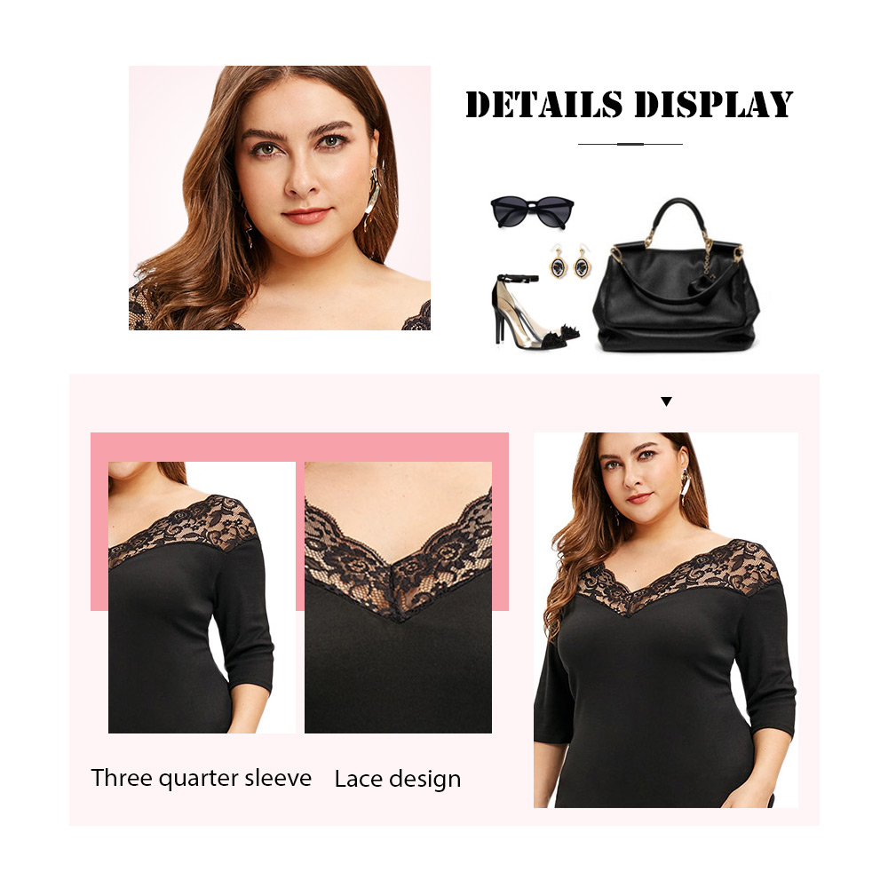 Plus Size Plunge Lace Panel T-shirt