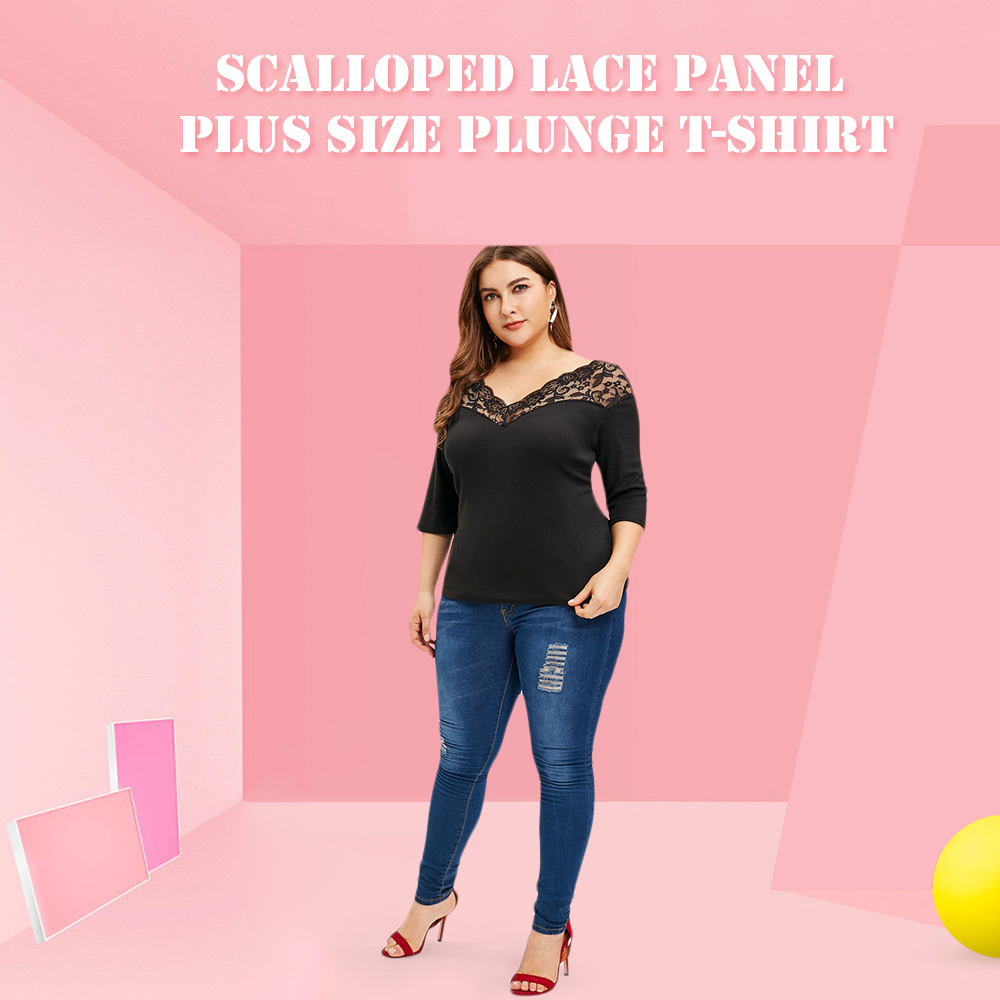 Plus Size Plunge Lace Panel T-shirt