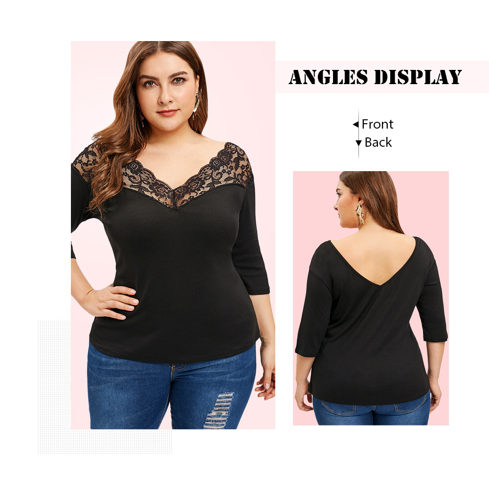 Plus Size Plunge Lace Panel T-shirt