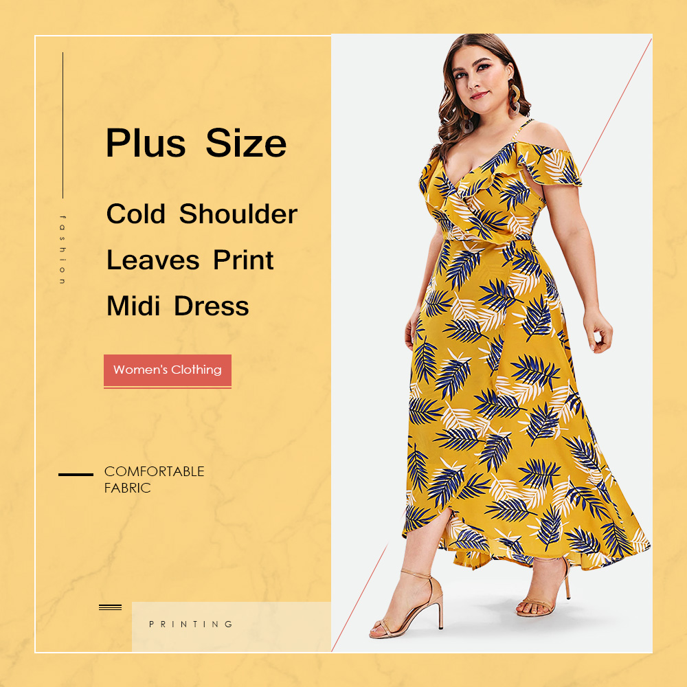 Plus Size Leaves Print High Slit Maxi Dress