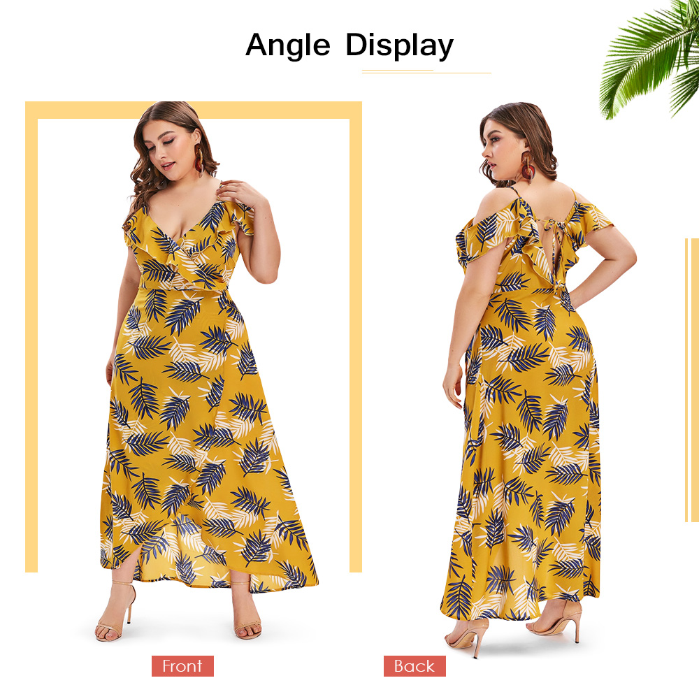 Plus Size Leaves Print High Slit Maxi Dress