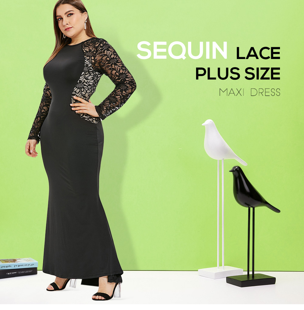 Sequin Embellished Plus Size Lace Panel Maxi Dress