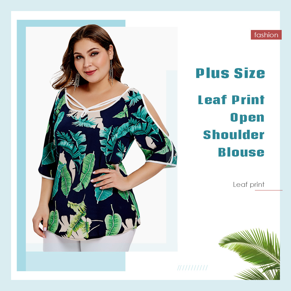 Leaf Print Plus Size Open Shoulder Blouse