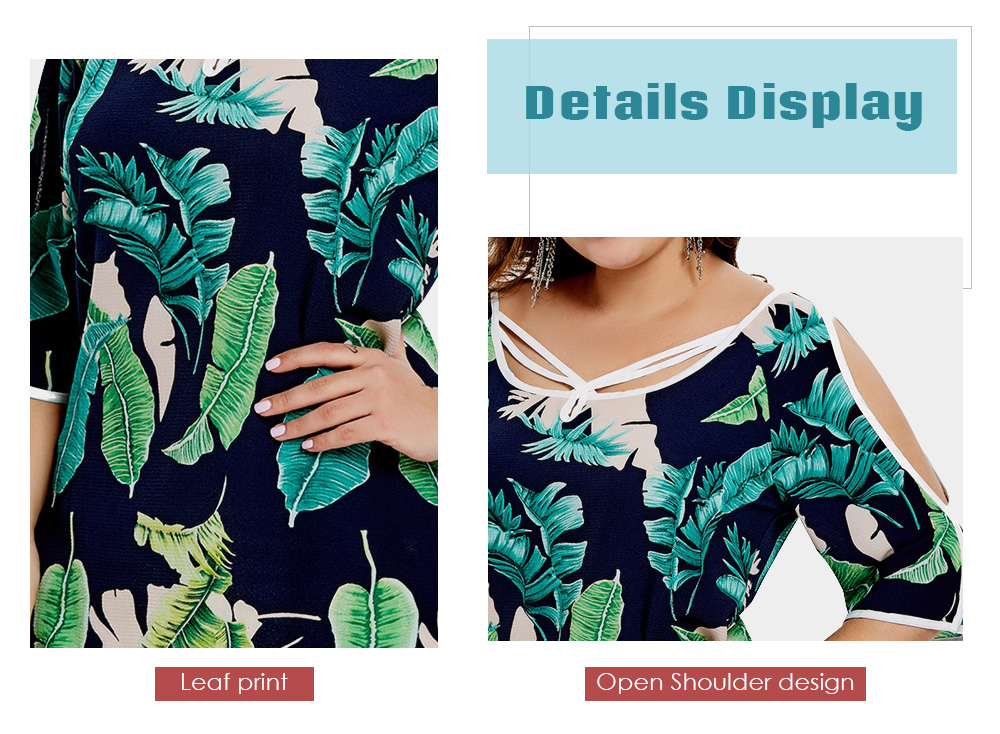 Leaf Print Plus Size Open Shoulder Blouse