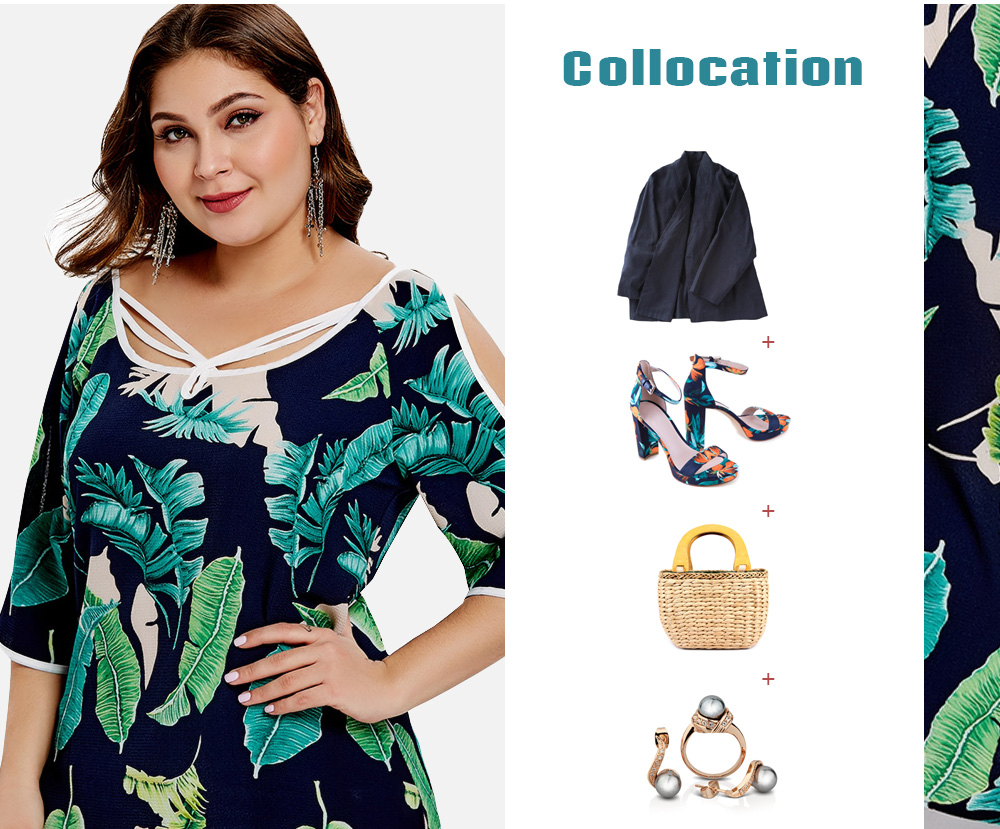 Leaf Print Plus Size Open Shoulder Blouse