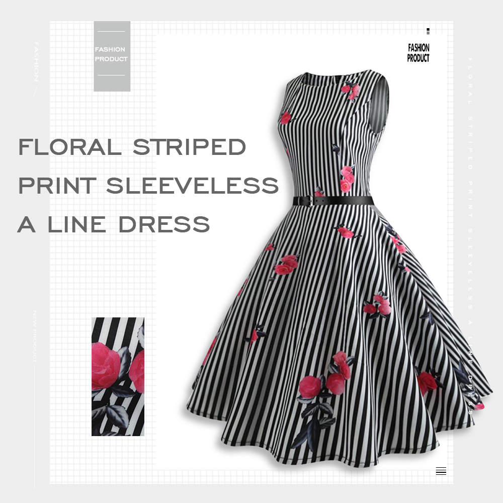 Floral Striped Print Sleeveless A Line Dress
