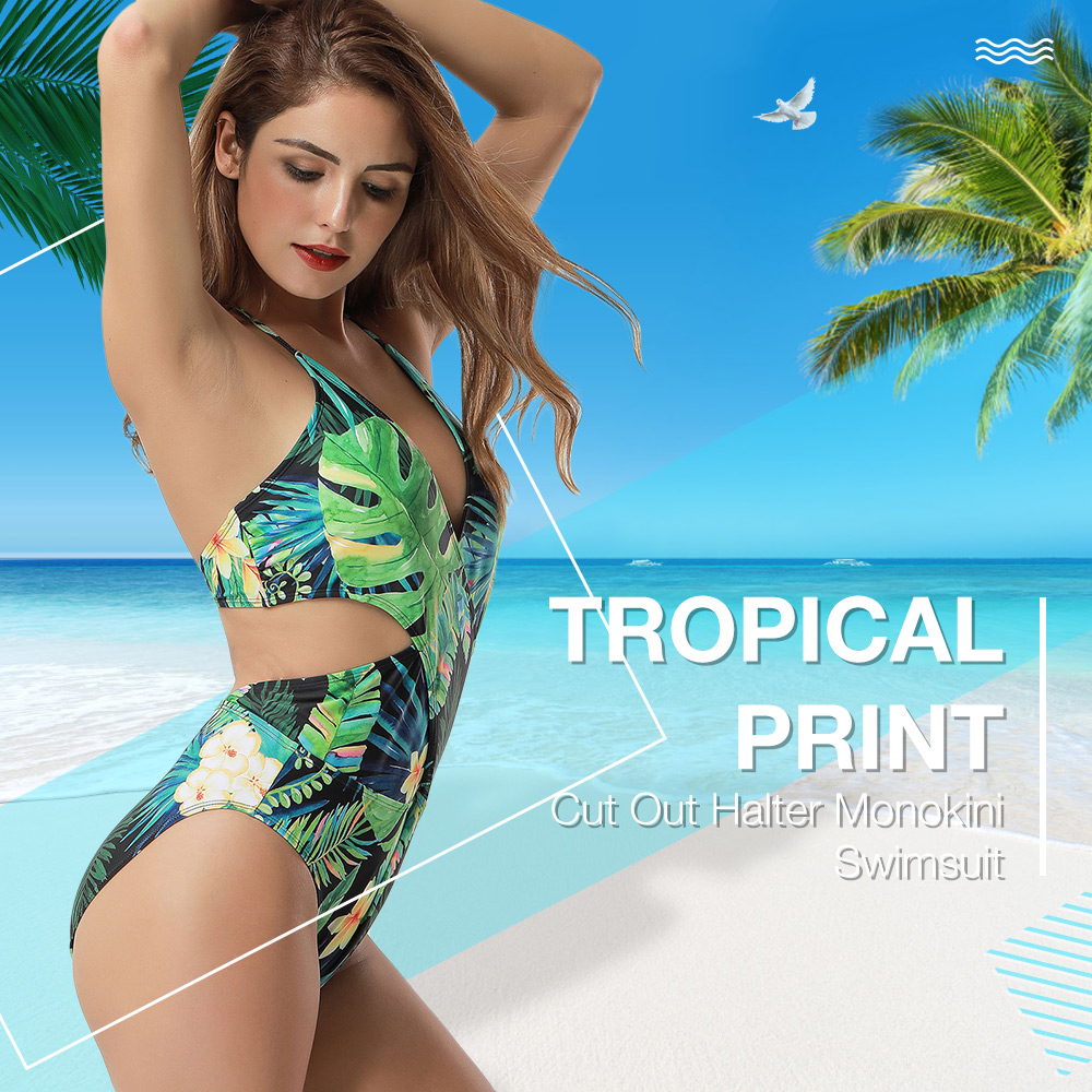 Cut Out Tropical Print Monokini Swimsuit