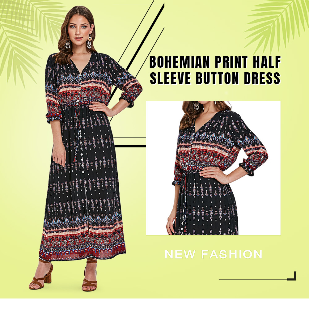 Bohemian Print Half Sleeve Button Dress