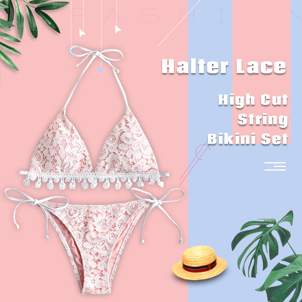 Halter Lace High Cut String Bikini Set