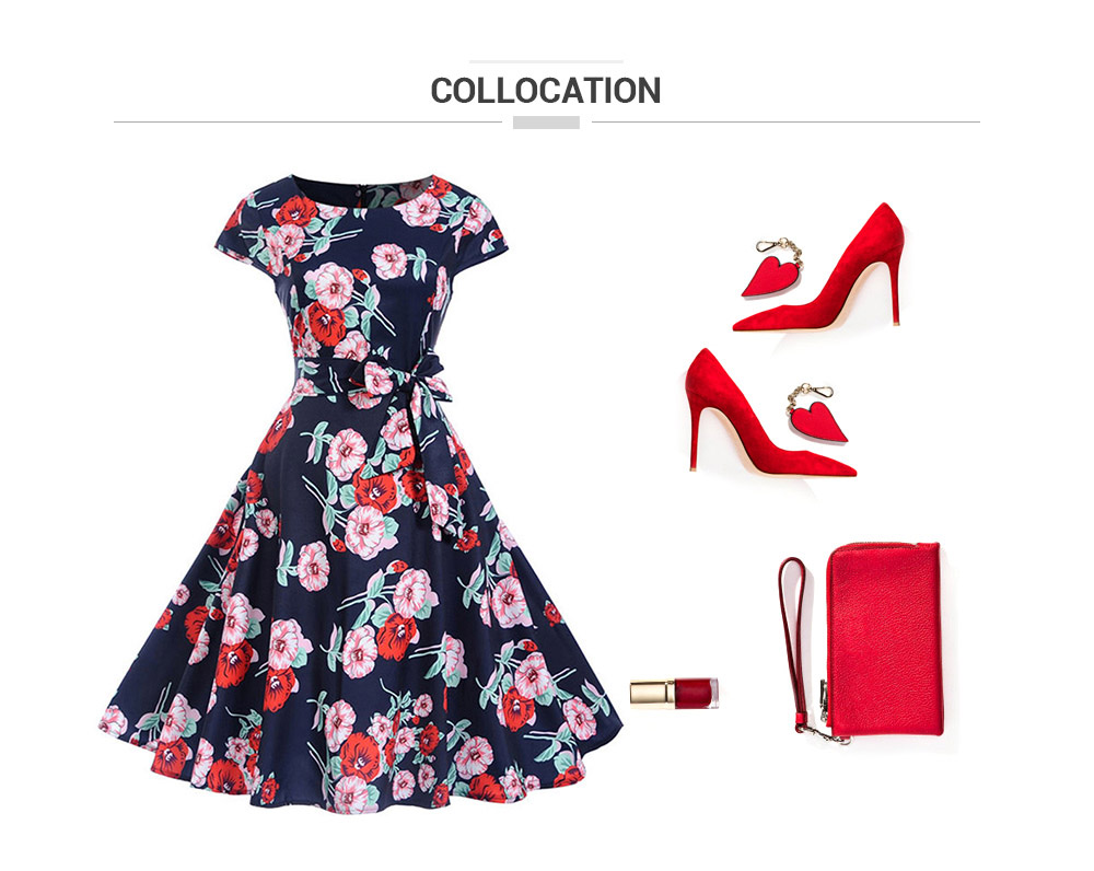 Belted Floral Print Cap Sleeve Flare Dress