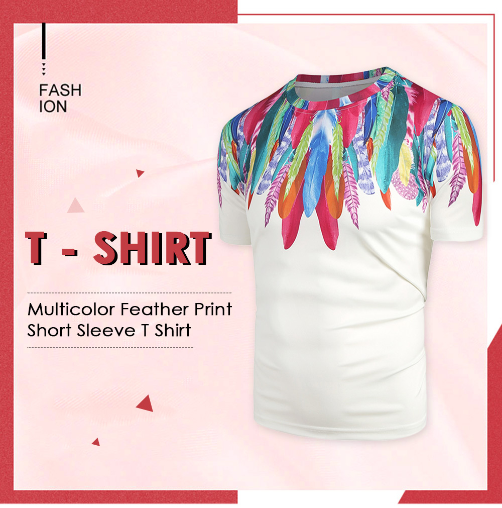 Multicolor Feather Print Short Sleeves Tee