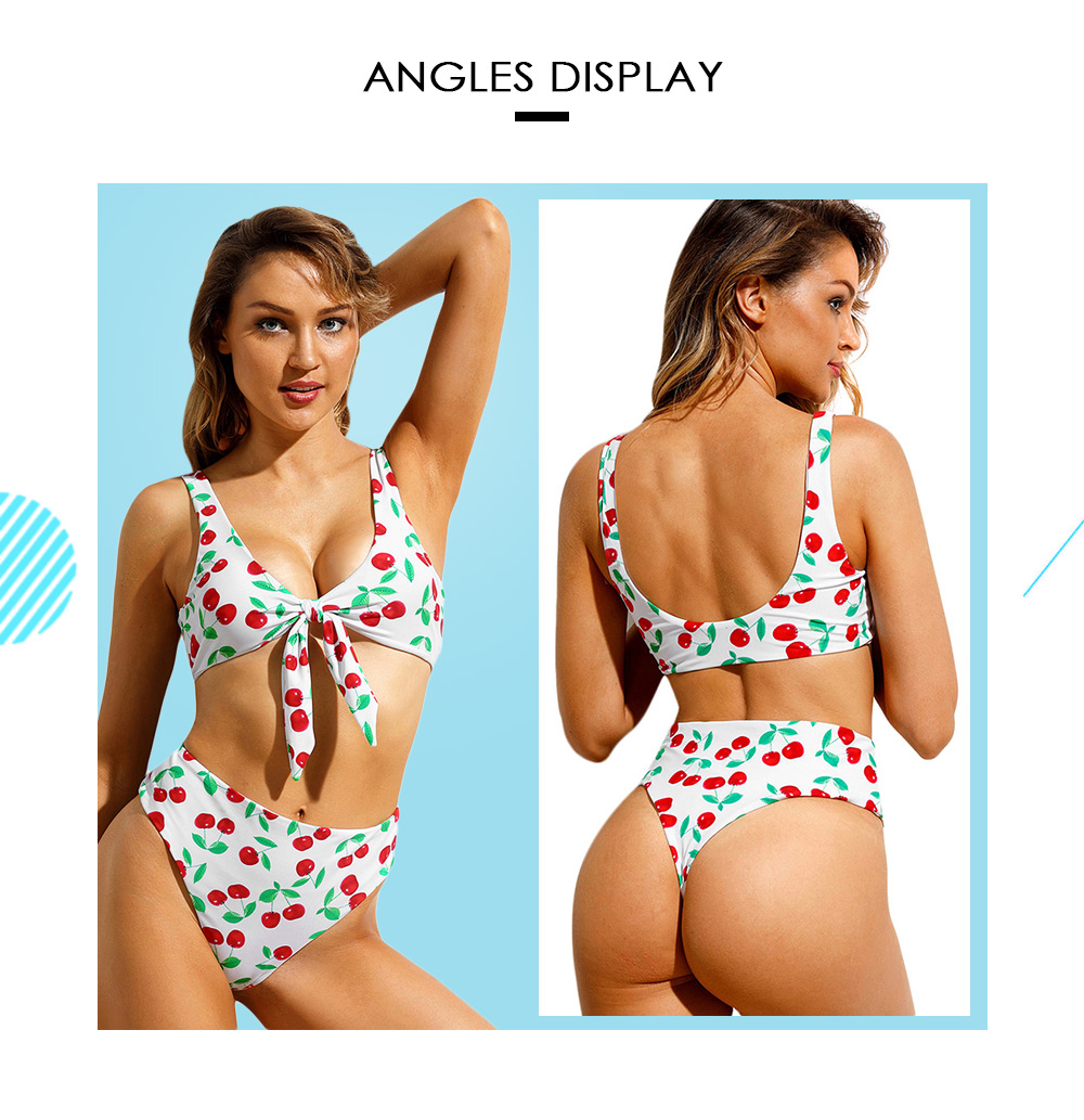 Front Knot Cherry Print Bikini Set