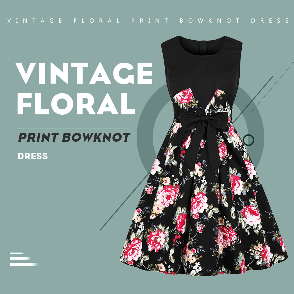 Vintage Floral Bowknot Flare Dress