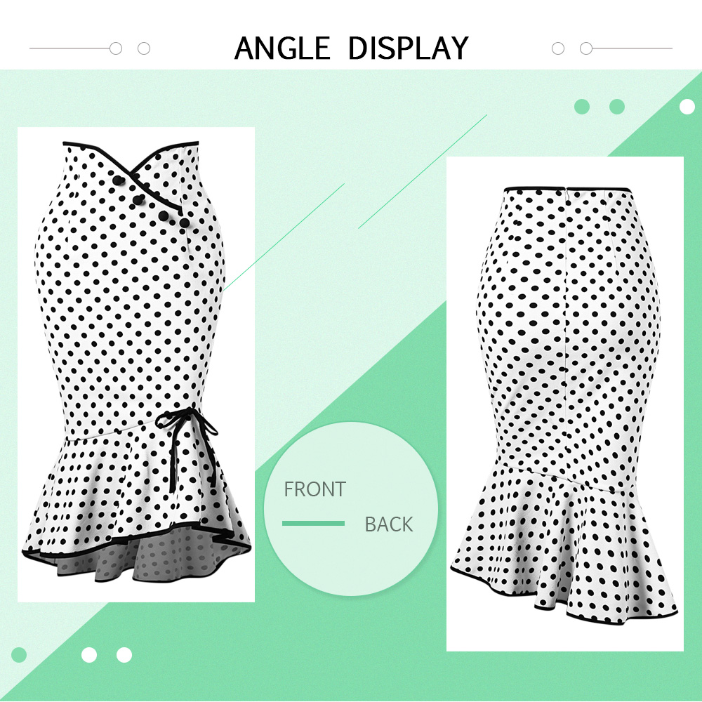 Mid Waist Polka Dot Print Flared Vintage Button Bowknot Women Trumpet Skirt