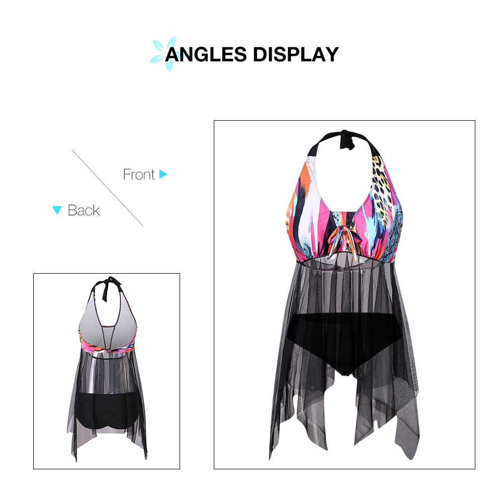 Plus Size Halter Sheer Mesh Panel Tankini Set