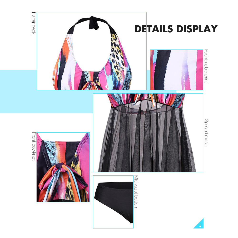 Plus Size Halter Sheer Mesh Panel Tankini Set