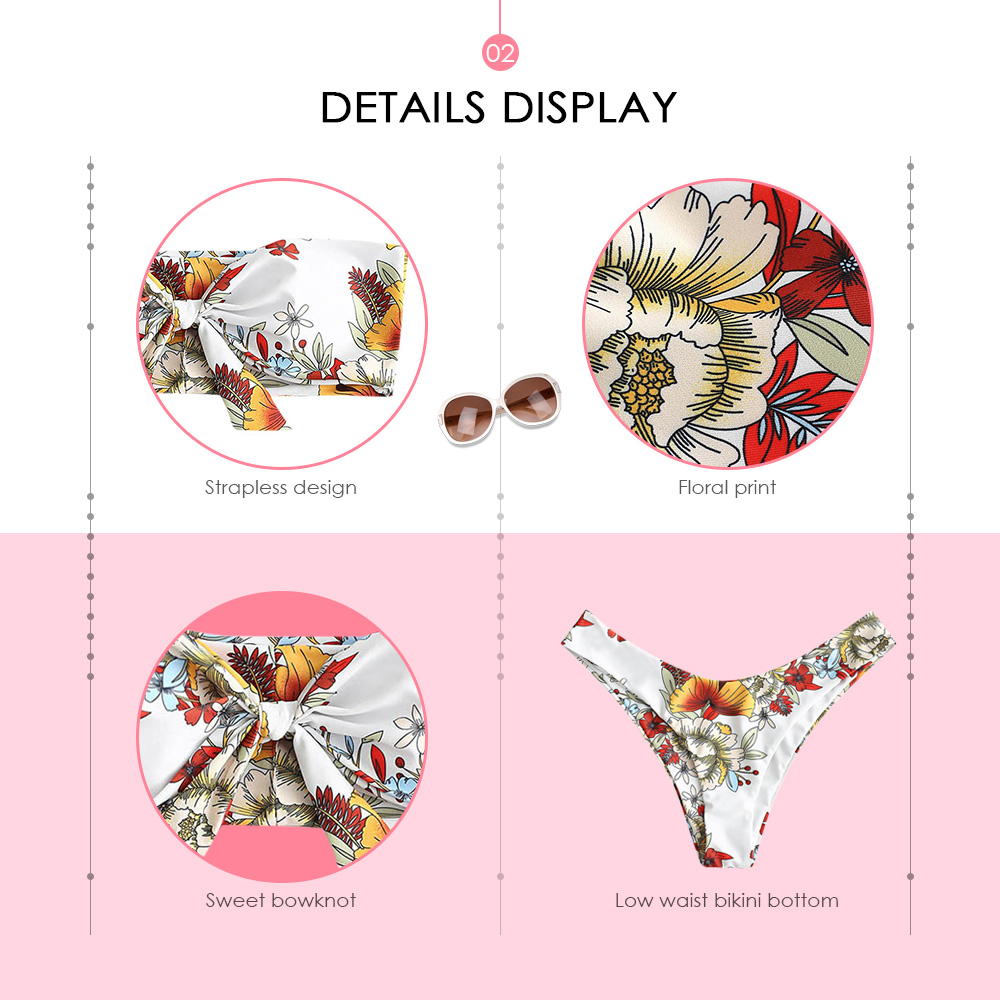 Strapless Floral Print Padded Bowknot Low Waist Women Bikini Set