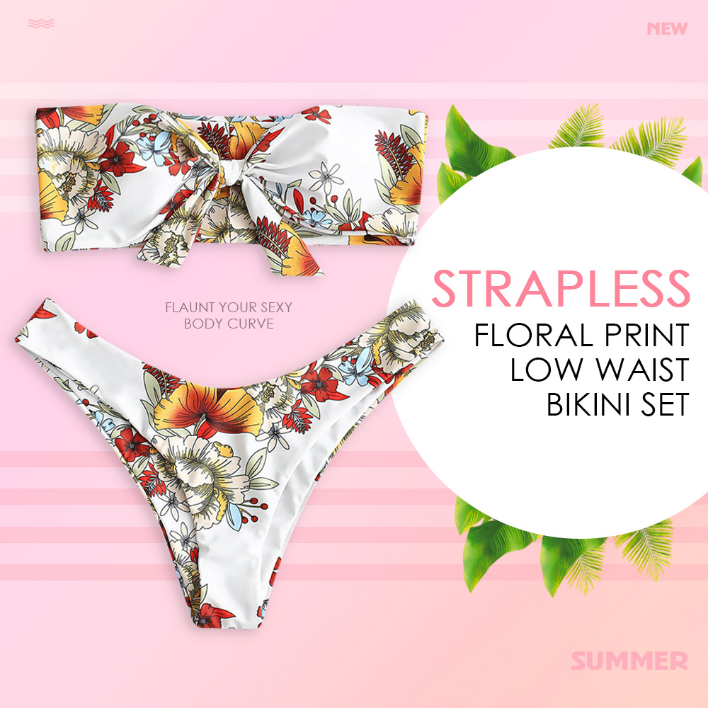 Strapless Floral Print Padded Bowknot Low Waist Women Bikini Set