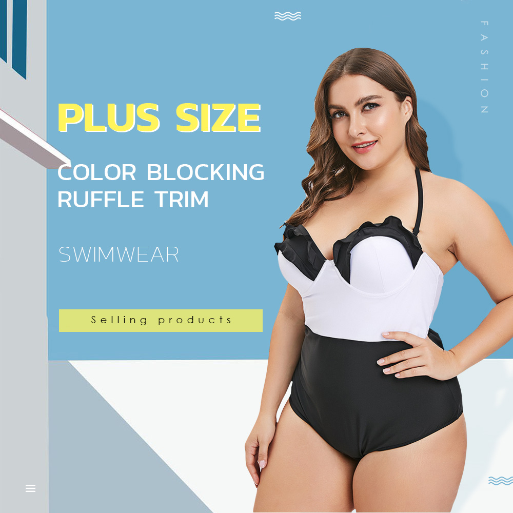 Plus Size Color Block Ruffle Trim Swimwear