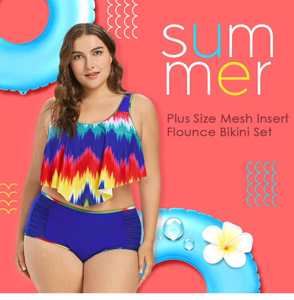 Plus Size Mesh Insert Flounce Bikini Set