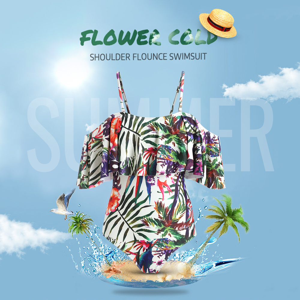 Flower Cold Shoulder Flounce Swimsuit