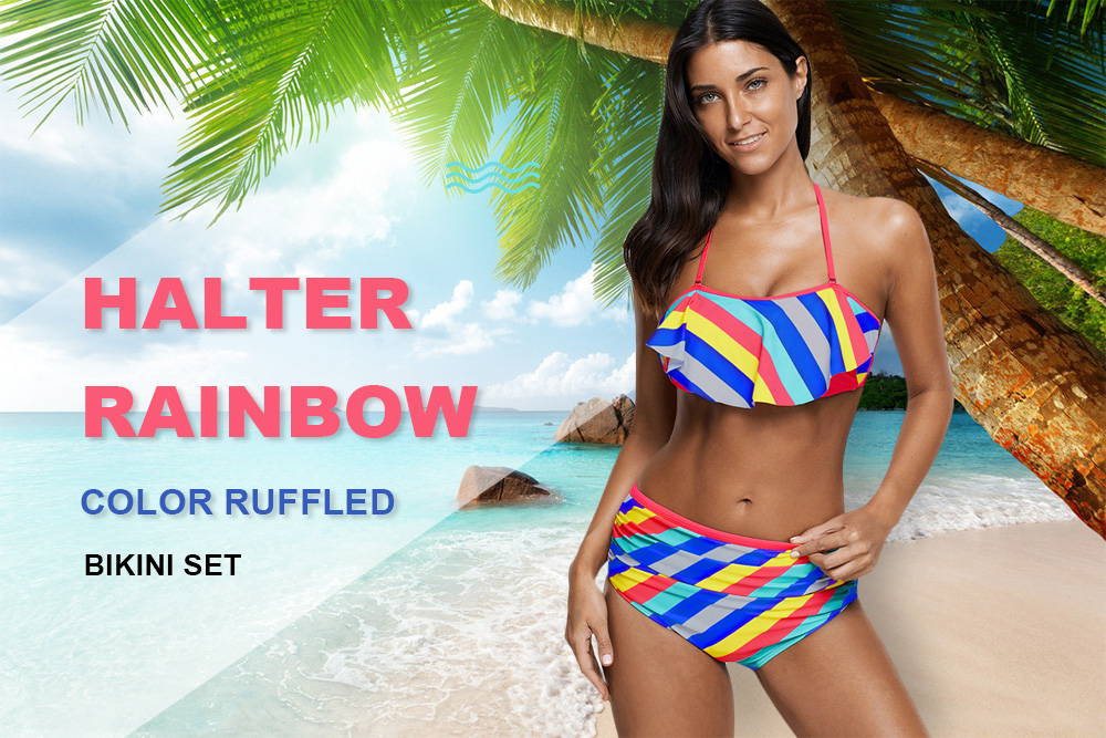Halter Rainbow Color Ruffled Bikini Set