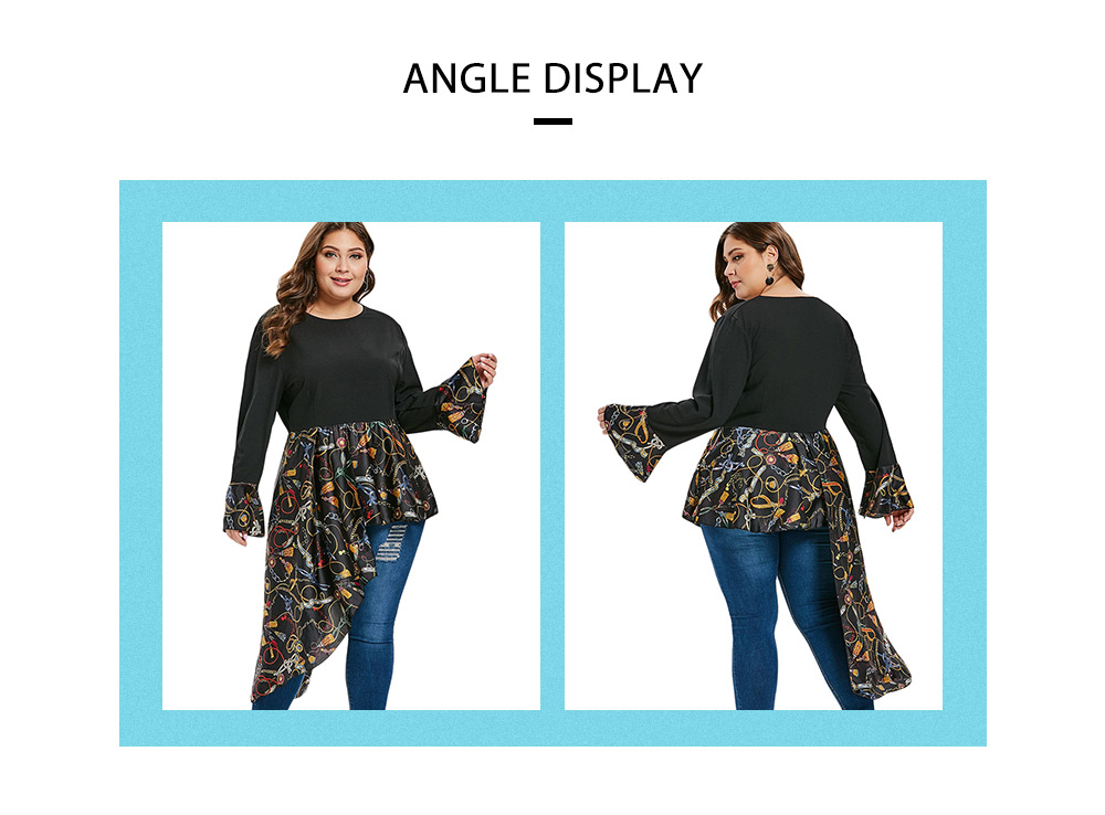 Printed Flare Sleeve Plus Size Asymmetrical Blouse