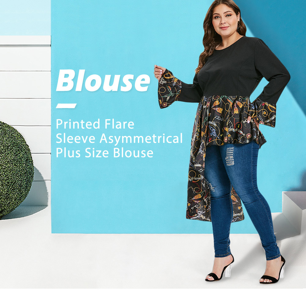 Printed Flare Sleeve Plus Size Asymmetrical Blouse
