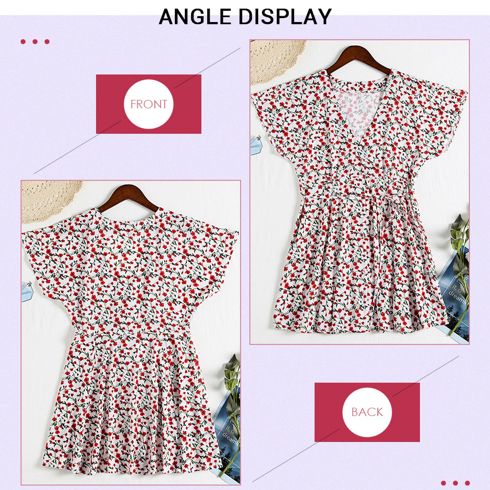 Plunge Neck Short Sleeve Floral Print Button Women A-line Dress