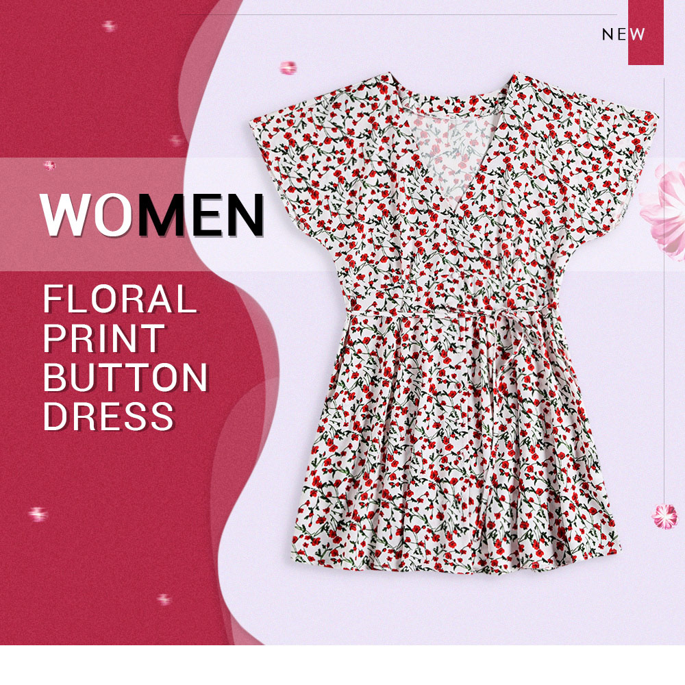 Plunge Neck Short Sleeve Floral Print Button Women A-line Dress