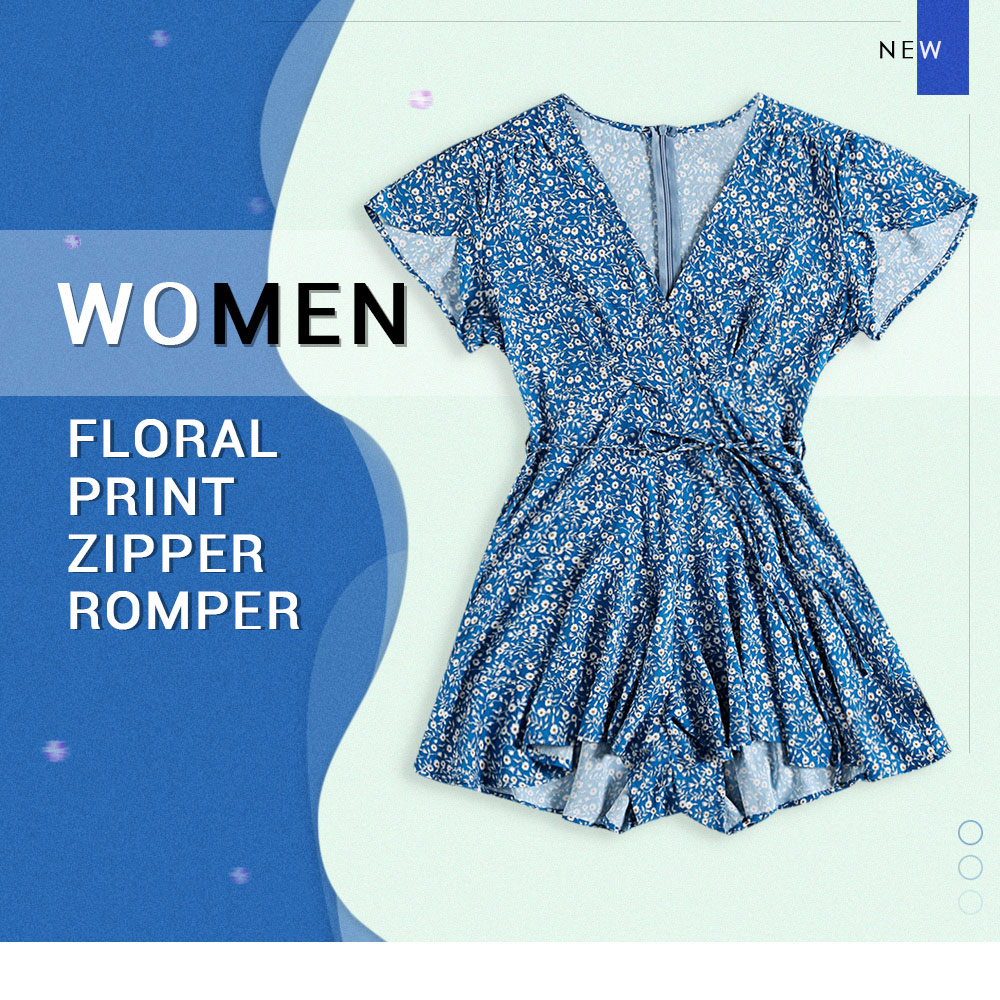 Plunge Neck Short Sleeve Floral Print Zipper Pleated A-line Women Wrap Romper