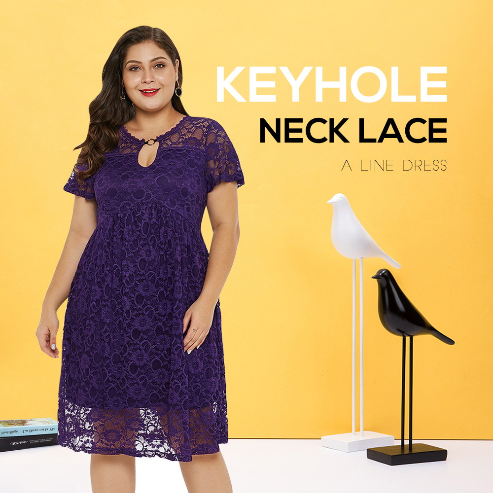 Plus Size Keyhole Neck Lace A Line Dress