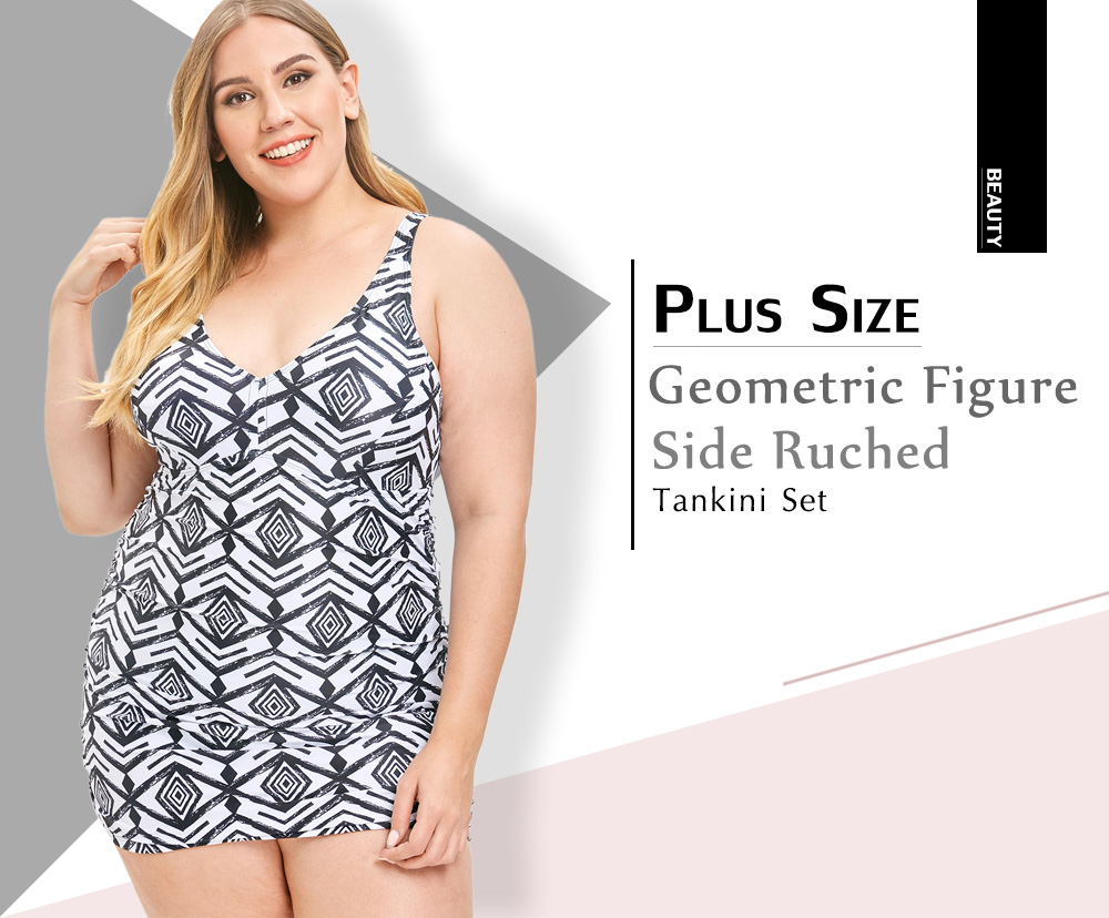 Plus Size Geometric Figure Side Ruched Tankini Set