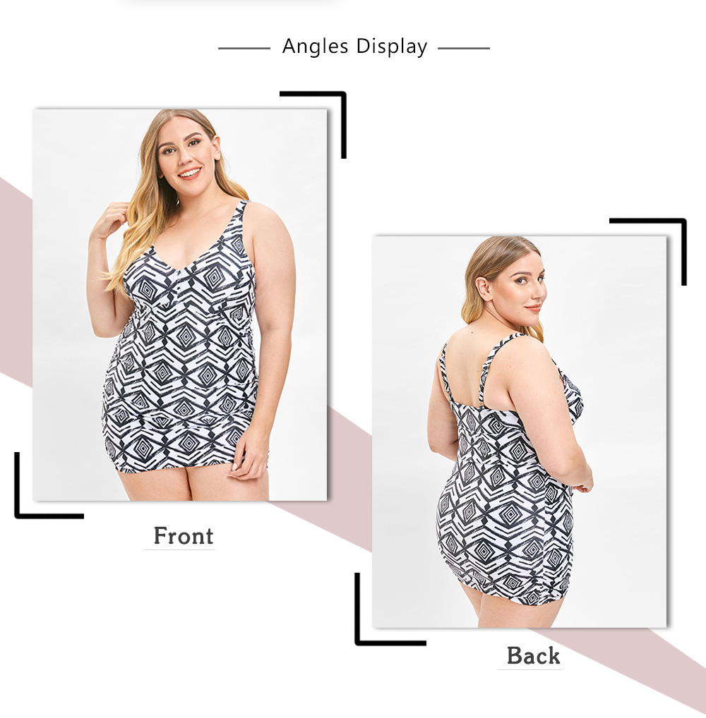 Plus Size Geometric Figure Side Ruched Tankini Set