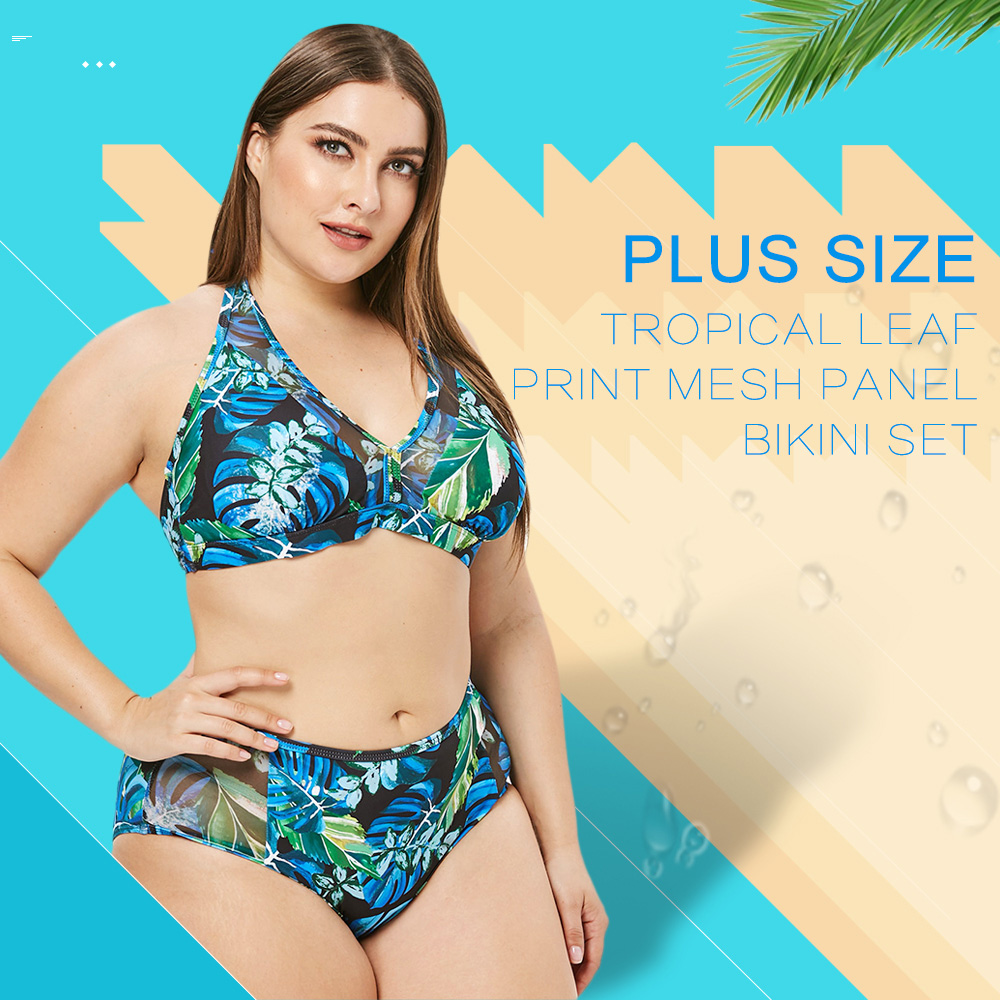 Plus Size Tropical Leaf Print Mesh Panel Bikini Set