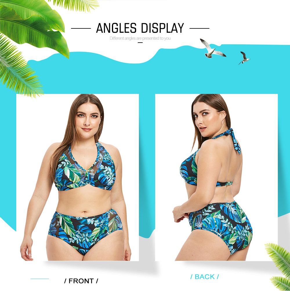 Plus Size Tropical Leaf Print Mesh Panel Bikini Set