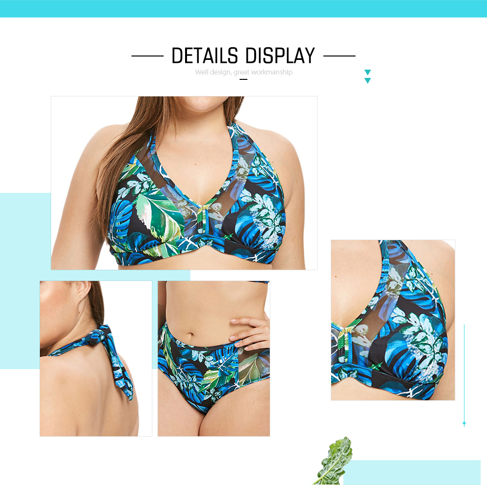 Plus Size Tropical Leaf Print Mesh Panel Bikini Set