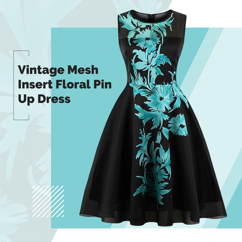 Vintage Mesh Panel Floral Print Fit and Flare Dress