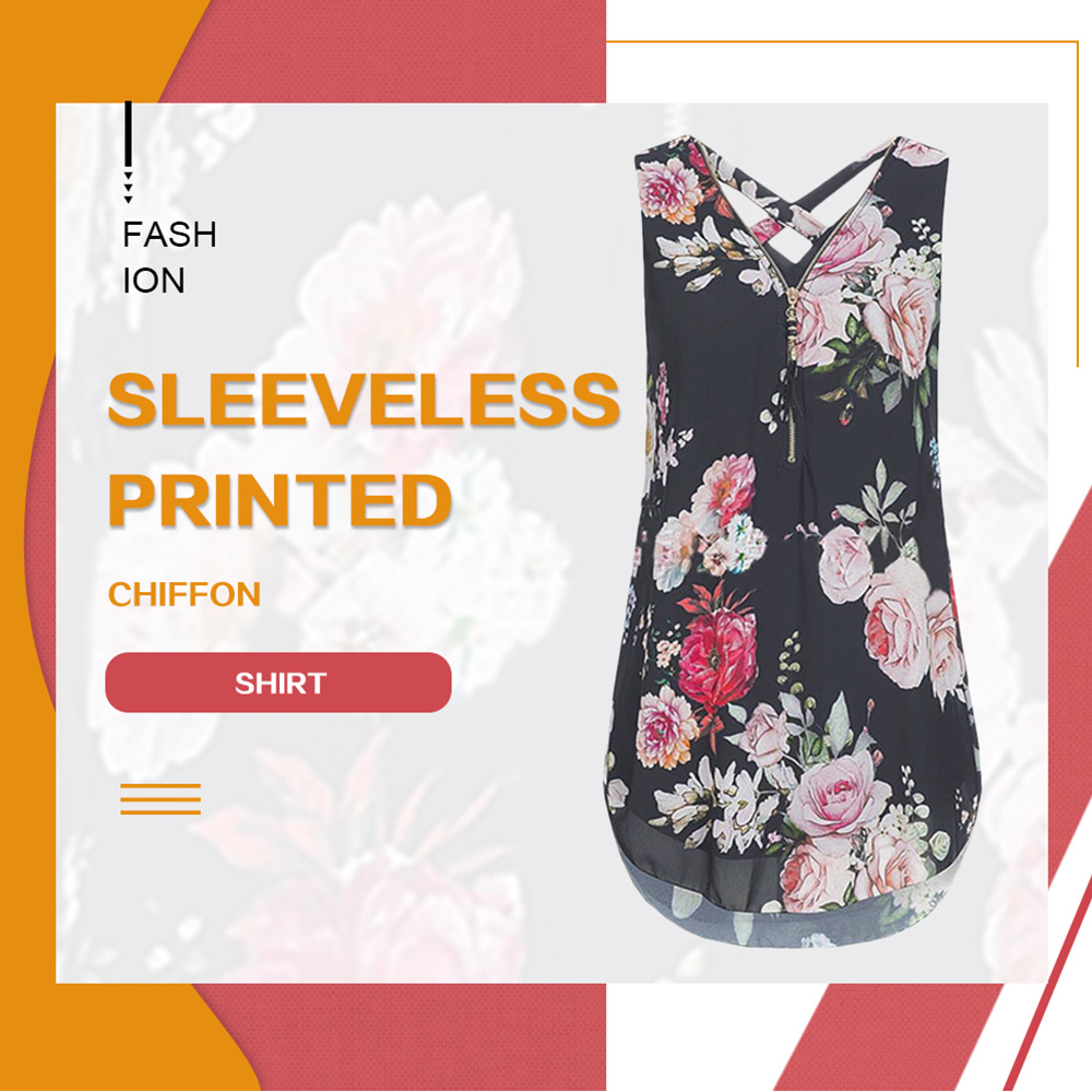 Women Chiffon Shirt Sleeveless Zipper Cross Double-layer Print