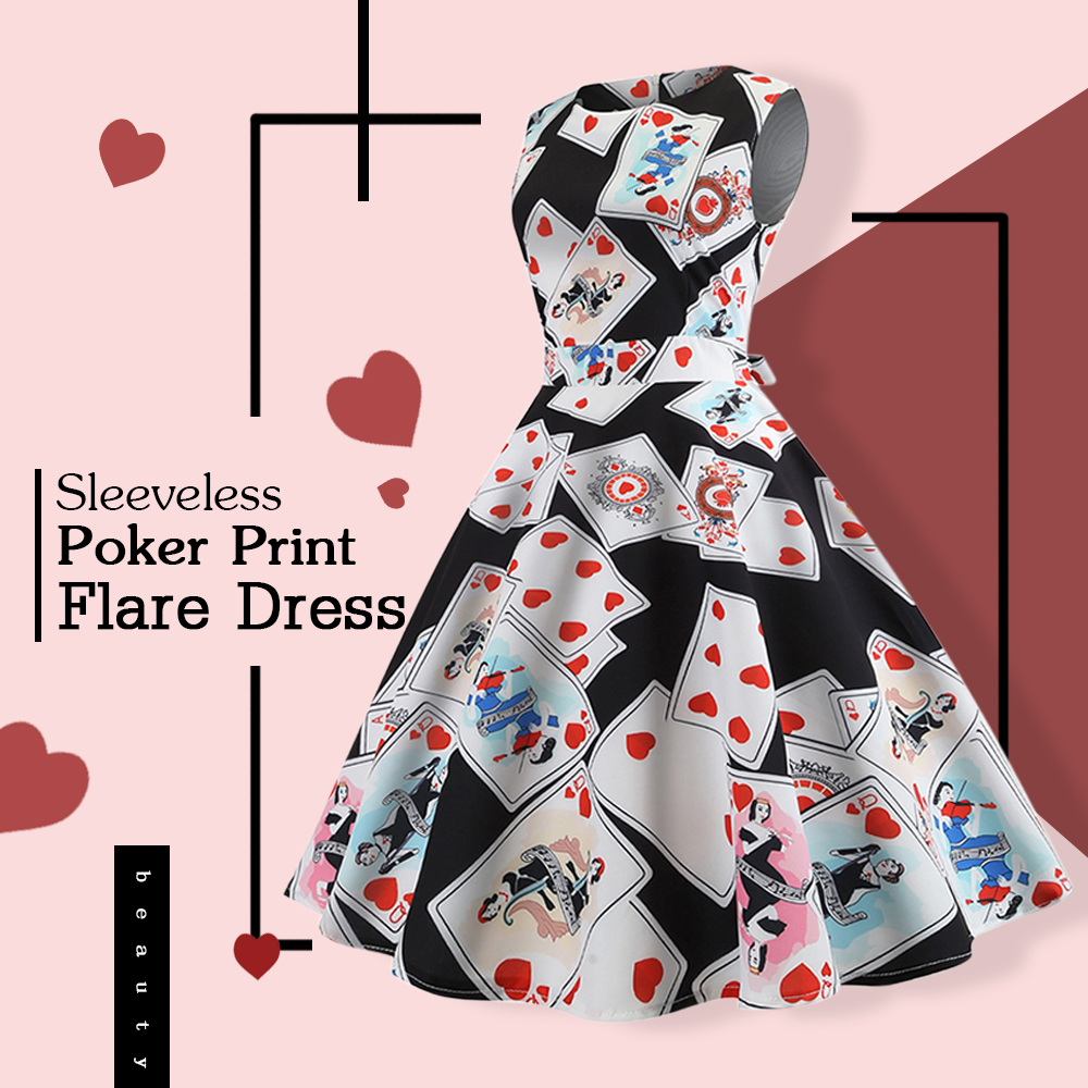 Sleeveless Poker Print Flare Dress