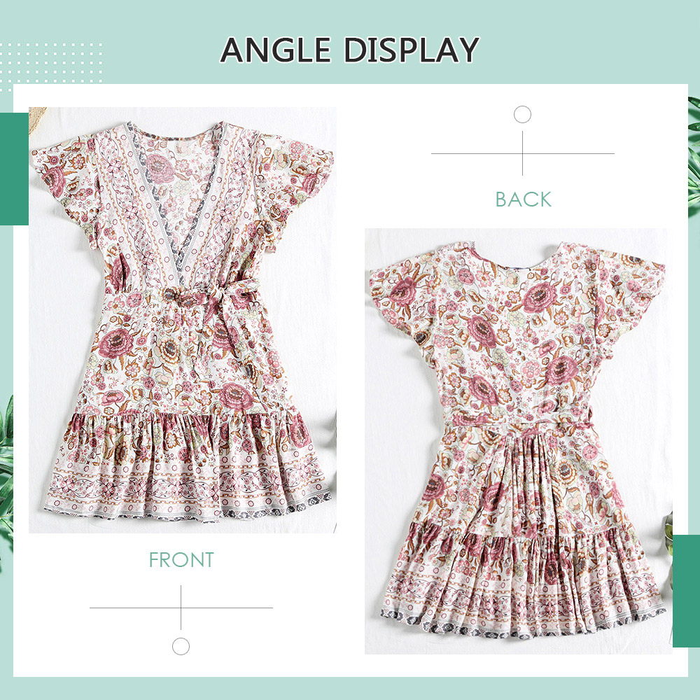 V Neck Short Sleeve Floral Print Pleated A-line Tied Strap Women Wrap Dress