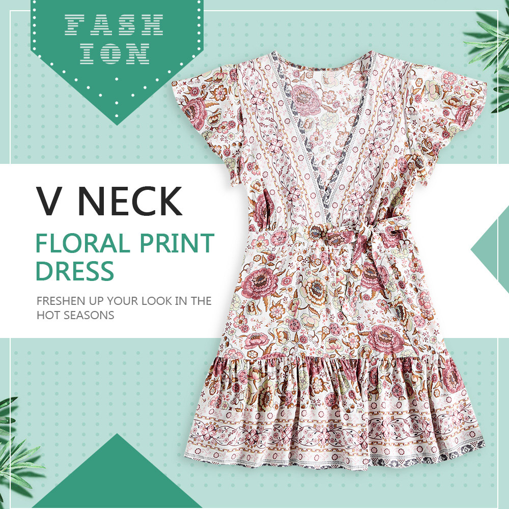 V Neck Short Sleeve Floral Print Pleated A-line Tied Strap Women Wrap Dress