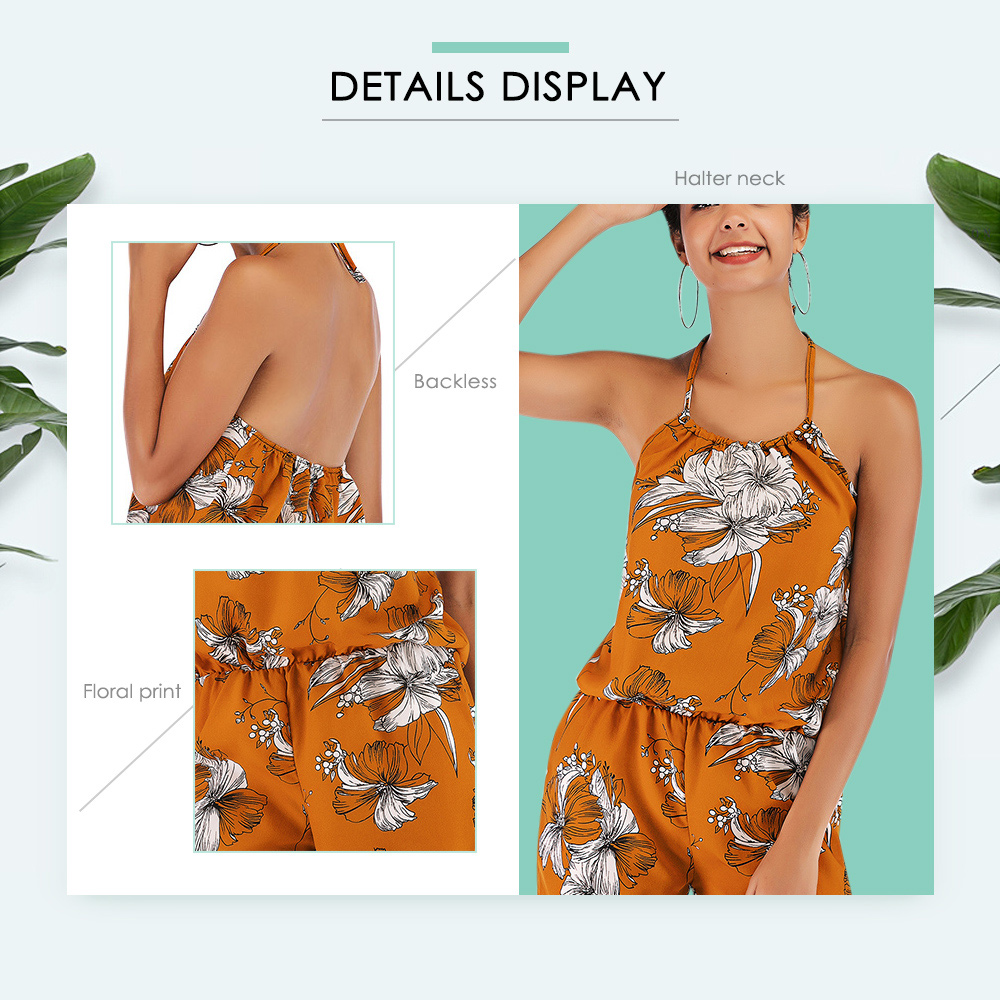 Halter Neck Backless Floral Print Loose Chiffon Women Rompers