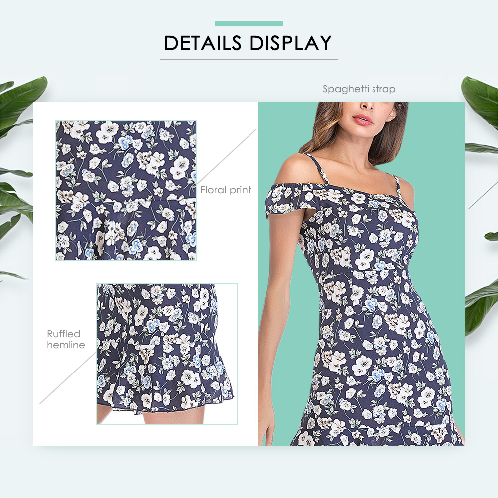 Spaghetti Strap Cold Shoulder Dress Floral Chiffon Ruffled Women Beach Skirt