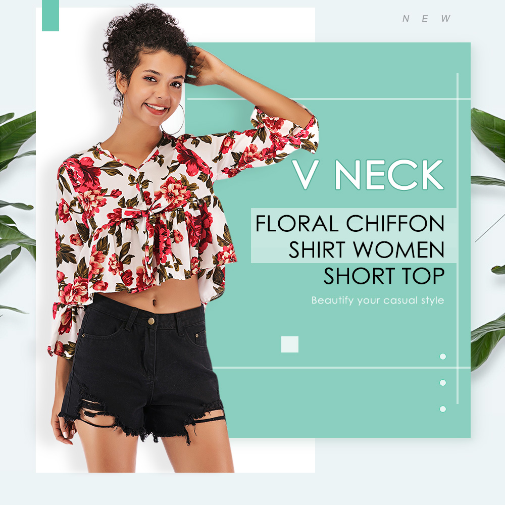 Flared Sleeve Floral Chiffon Shirt with Small V Neck Short Top for Women